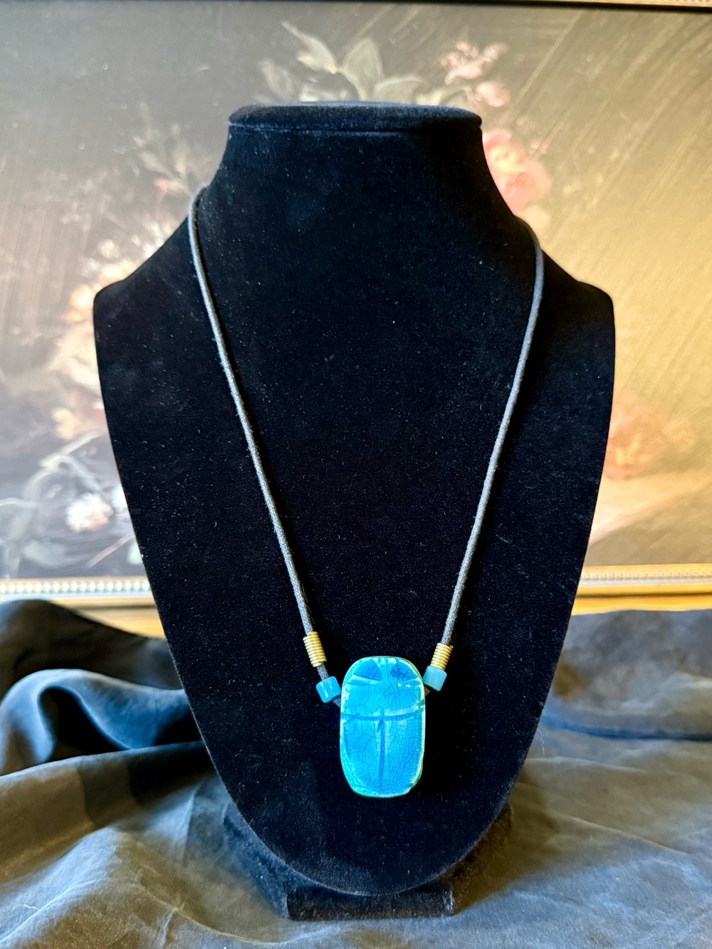 Glazed Turquoise Tone Stone Scarab Pendant Necklace